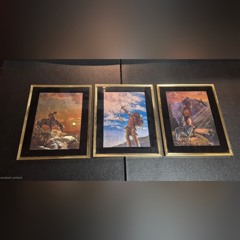 Vintage Native American Warrior Art Collection Framed 3pc Horse Archer Wolf 8x10